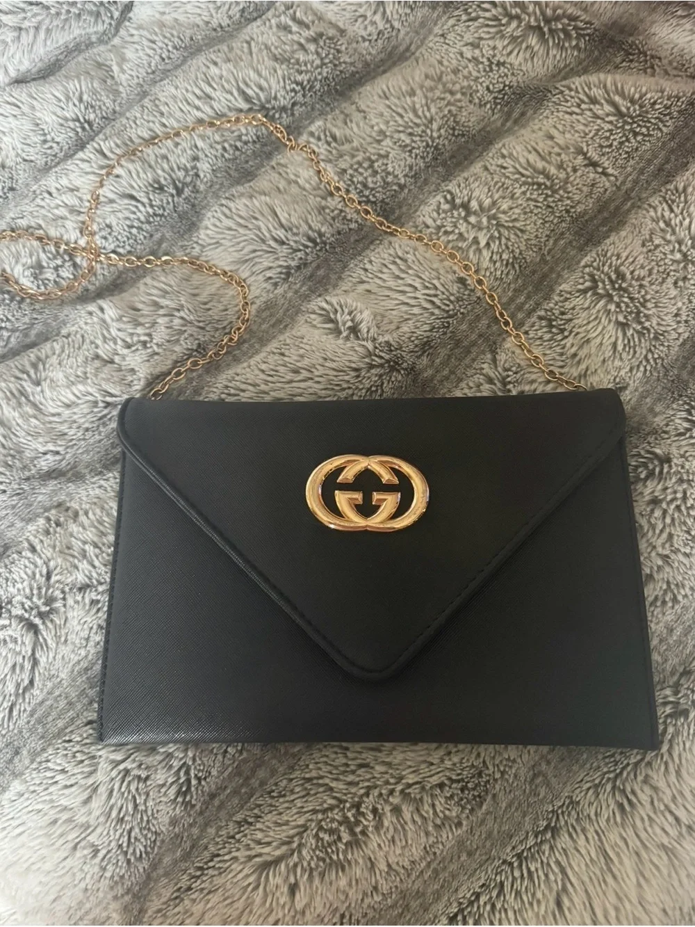 Gucci Black Leather Envelope Clutch with Gold Chain